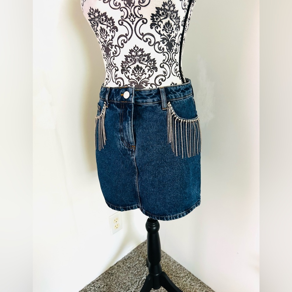 Miss Selfridge ASOS Women’s Diamanté Rhinestone Fridge Blue Mini Denim Skirt
